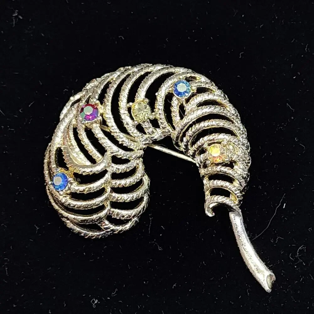 Feather Plume Aurora  Borealis Rhinestone Brooch Gold Tone C Hook Latch Vintage